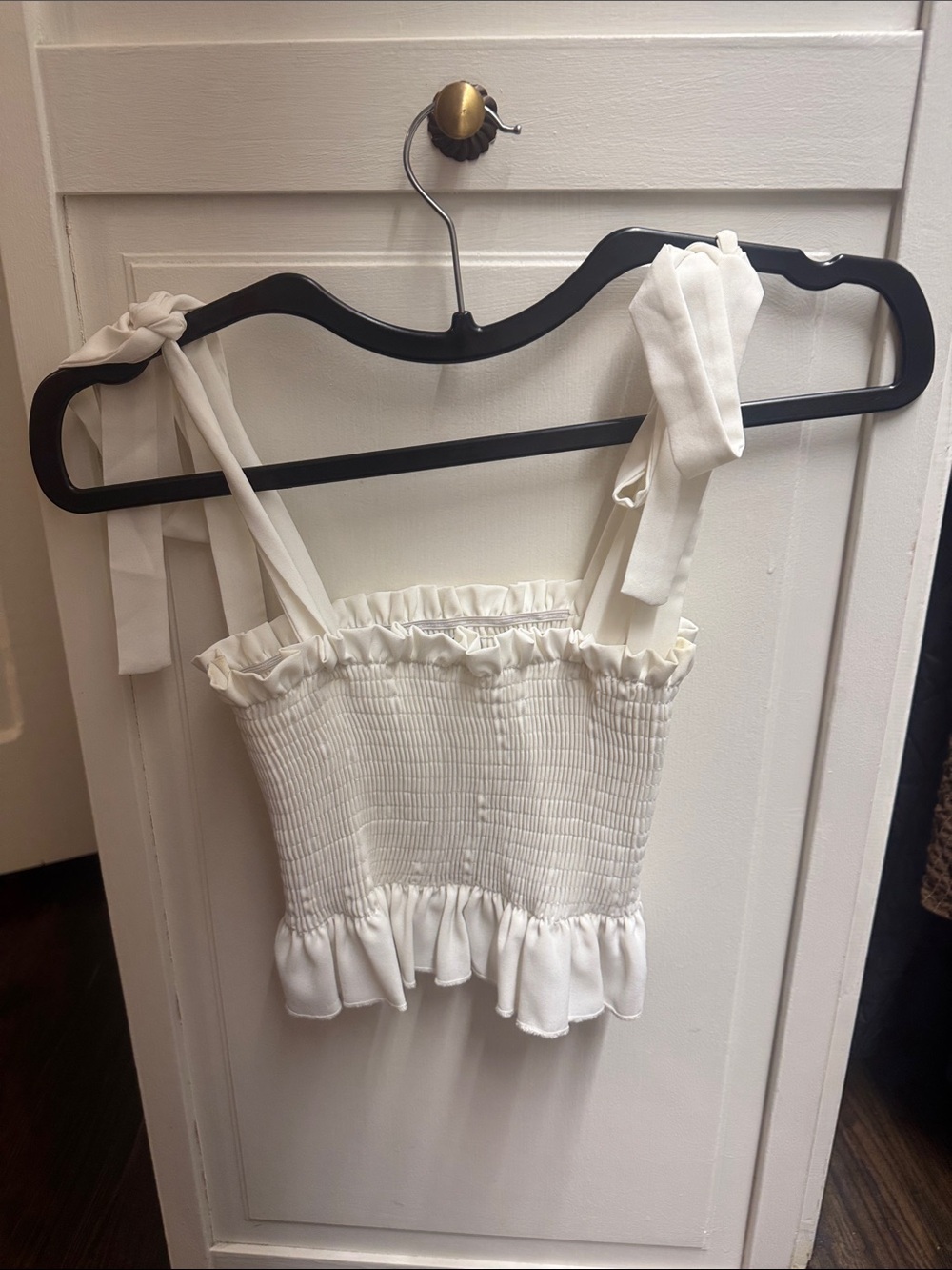 White Smocked Ruffle Tie-Shoulder Tank Top